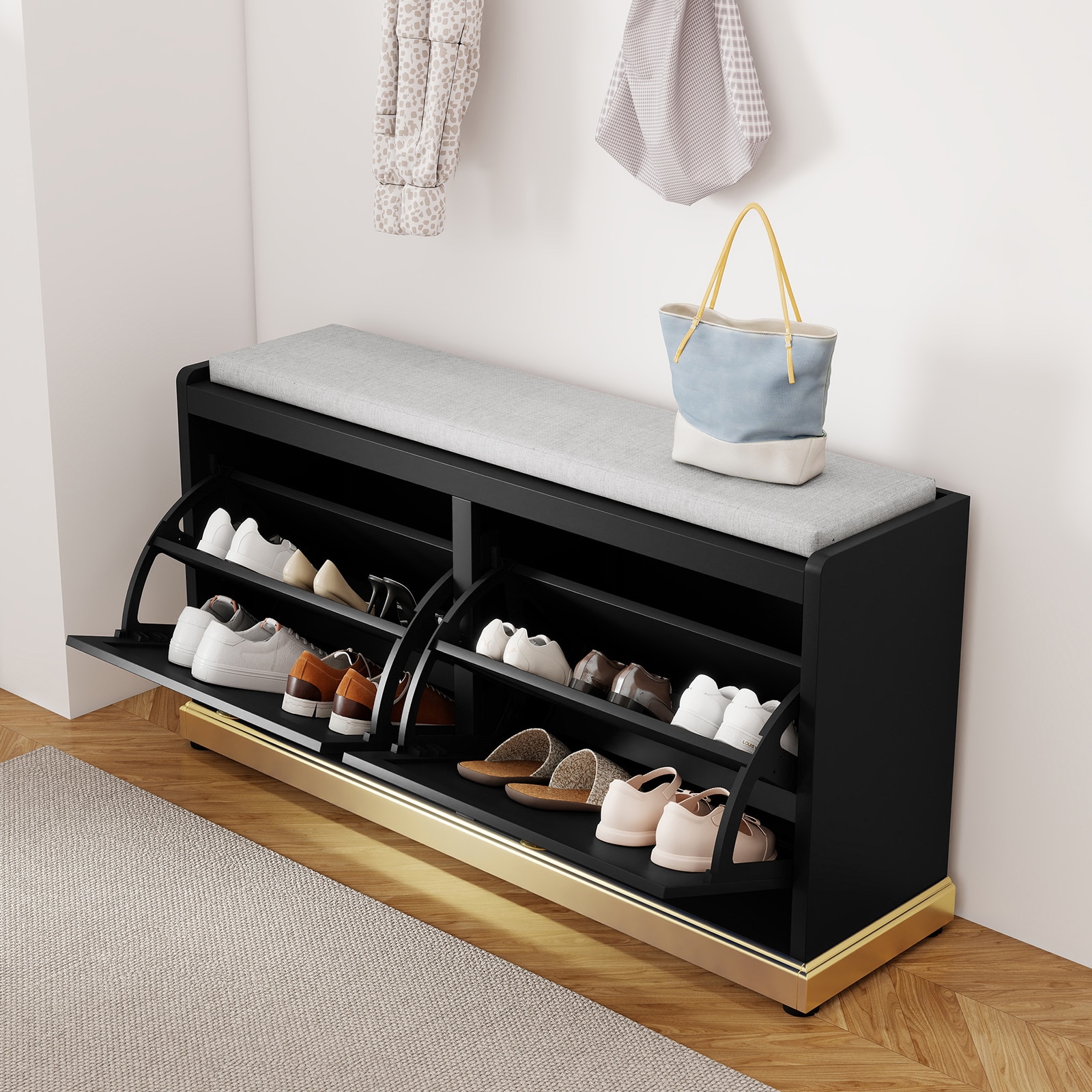 Modern Shoe Bench With Storage, Entryway Bench With 2 Flip Drawers & Padded Cushion Seat, Upholstered Shoe Rack Organizer For Hallway, Closet, Living Room_voghion.com